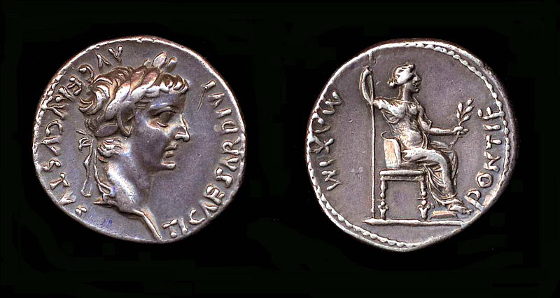Denar z wizerunkiem cesarza Tyberiusza (Portable Antiquities Scheme, wikimedia.org)